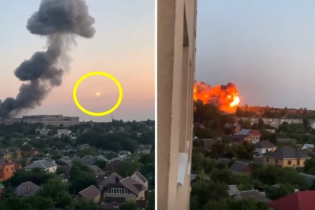 우크라이나 현지시간으로 15일, 러시아군 전략폭격기로 추정되는 비행체(왼쪽)가 우크라이나 드니프로를 빠르게 지나간 직후 발생한 폭발(오른쪽)