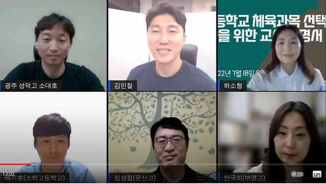 체육교사들이 지난 18일 온라인으로 고등학교 체육과목 선택권 보장을 위한 교사 성명서 발표 행사를 진행하고 있다. 왼쪽 위부터 시계방향으로 소대호(광주 성덕고), 김민철(경기과학고), 하소형(상주고), 안국희(부명고), 임성철(운산고), 배기호(소하고) 교사다.