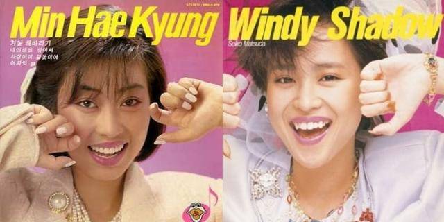 가수 민해경이 1986년 정규 6집 앨범(왼쪽)과 일본 가수 마쓰다 세이코가 1984년 발표한 앨범 '윈디 섀도' 앨범. 전체적인 구도나 포즈, 색감 등이 유사하다.