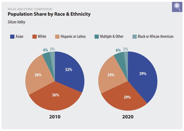 실리콘밸리 인구 비중. 2020년 기준 흑인 및 아프리카계 미국인의 비중은 2%에 불과하다. 실리콘밸리 인덱스 2022
