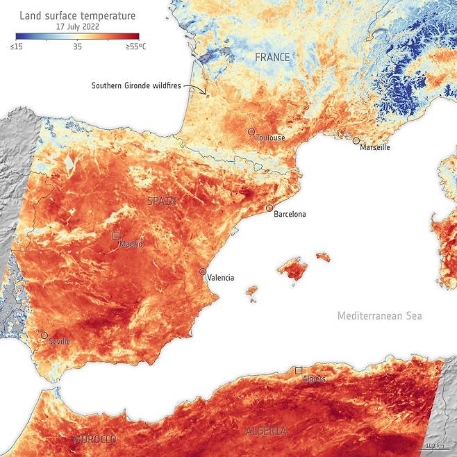 지난 17일 코페르니쿠스 센티넬3 위성으로 본 유럽 지역의 지표 온도. 사진=ESA