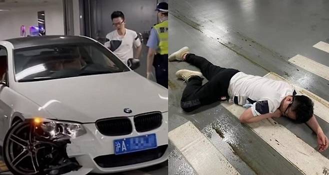 사고를 낸 BMW 차량과 만취한 차주의 모습