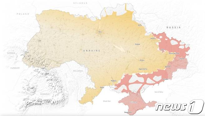 우크라이나 전황. 적색은 러시아 점령지. © 로이터=뉴스1 © News1 정윤영 기자