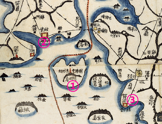 대동여지도에 나타난 한산도(閑山島). 섬 안에 제승당(制勝堂)과 충열사(忠烈祠)가 있다고 써 있다.&nbsp;