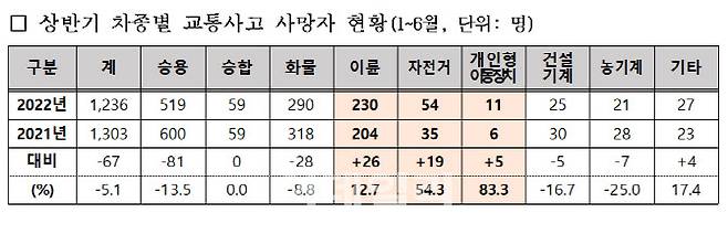 2022년 상반기 차종별 교통사고 사망자 현황(자료=경찰청)