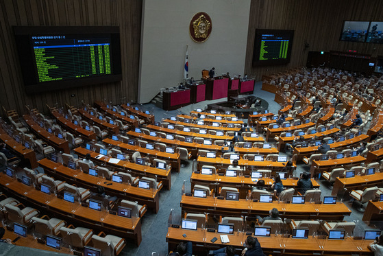 지난 22일 국회 본회의에서 선출된 21대 국회 후반기 상임위원장 명단이 본회의장 전광판에 표시되고 있다. 〈사진=국회사진기자단〉