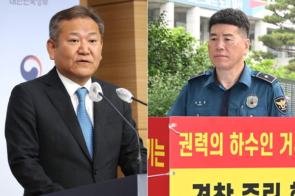 이상민 행정안전부 장관이 25일 정부서울청사 브리핑실에서 경찰서장회의에 대한 견해를 밝히고 있다. 오른쪽 사진은 부산 북부경찰서 정학섭 직장협의회 회장이 부산경찰청 앞에서 경찰국 신설에 반대하는 1인 시위를 하는 모습.  이원준 기자 연합뉴스