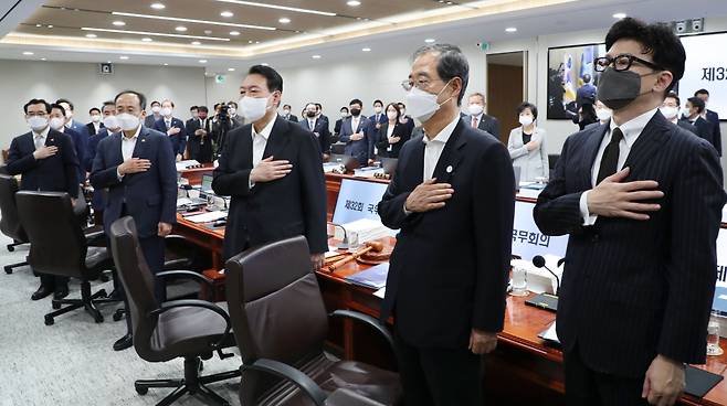 윤석열 대통령이 19일 오전 서울 용산 대통령실 청사에서 열린 국무회의에서 국기에 경례하는 모습. 오른쪽부터 한동훈 법무부 장관, 한덕수 국무총리, 윤 대통령, 추경호 경제부총리 겸 기획재정부 장관 ⓒ 연합뉴스