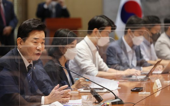 김진표 국회의장이 28일 국회에서 취임 기자간담회를 갖고 있다. 김상선 기자