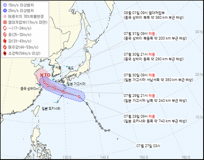 기상청은 태풍 송다가 29일 밤 일본 규슈 남쪽 해상을 지나, 31일 중국 상하이 부근 해상으로 이동할 것으로 예상했다. 기상청 제공