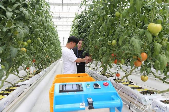 국립농업과학원 농업공학부 스마트팜개발과 김경철 농업연구사가 직접 개발한 '작업자 추종형 운반 로봇' 앞에서 동료 연구원과 함께 이야기하고 있다.  /사진=정혁수