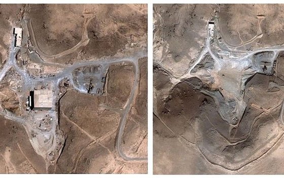 2007년 9월 6일 이스라엘 공군은 전투기를 동원해 시리아가 비밀리에 짓고 있는 원자력발전소를 폭격했다. 작전명은 '상자밖(Outside the Box)'. 왼쪽은 폭격 전, 오른쪽은 폭격 후 위성사진. 북한이 시리아 원전 건설에 도움을 줬다고 한다. 이스라엘군