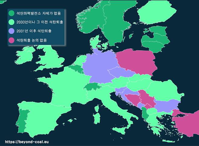 유럽 각국의 석탄화력발전 퇴출 계획. Europe Beyond Coal campaign(EBC) 웹페이지 캡쳐