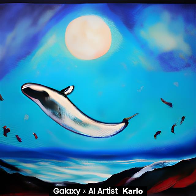 기자가 카카오브레인의 AI 화가 ‘칼로’에게 “우주에서 날고 있는 고래를 그려 줘”라고 주문하자 수 초 만에 내놓은 그림.카카오브레인 제공