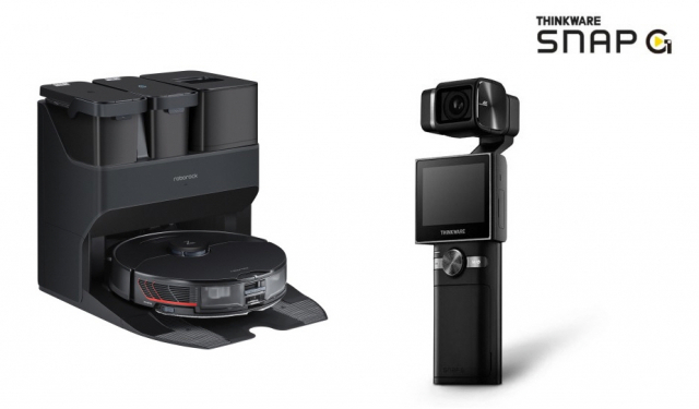 팅크웨어가 출시한 로봇청소기 ‘로보락 S7 Max V’(왼쪽)와 4K 브이로그 짐벌카메라 ‘스냅지’. 사진 제공=팅크웨어