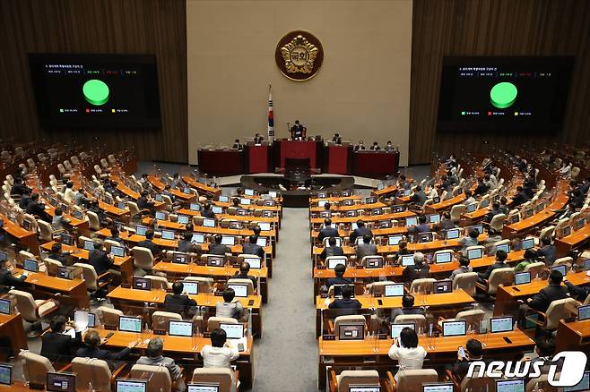 22일 오후 서울 여의도 국회에서 열린 제398회 국회(임시회) 제4차 본회의에서 정치개혁 특별위원회 구성의 건이 가결되고 있다. (공동취재) 2022.7.22/뉴스1 ⓒ News1 이재명 기자