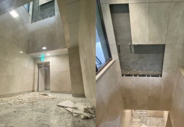 지난달 31일 서울 강남구 일원동 아파트 디에이치자이 개포의 한 동 건물에서 대리석 벽타일이 떨어져 부서진 모습. / 사진=네이버 부동산 온라인 커뮤니티
