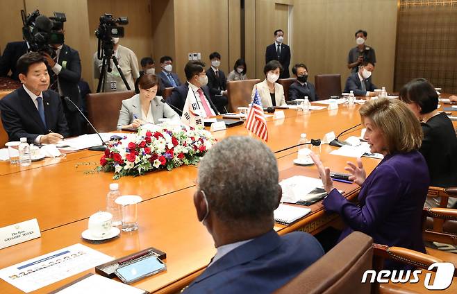 낸시 펠로시 미국 하원의장이 4일 서울 여의도 국회에서 열린 김진표 국회의장과의 회담에서 모두발언을 하고 있다. (공동취재) 2022.8.4/뉴스1 ⓒ News1 유승관 기자