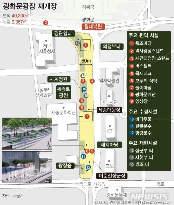 [서울=뉴시스] 서울 종로구 광화문광장이 오는 6일 재개장한다. 서울시는 이날 오후 7시 시민과 함께하는 광화문광장 개장 기념행사와 광화문광장 '빛모락(樂)'을 개최한다. (그래픽=안지혜 기자)  hokma@newsis.com