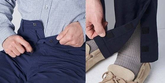 지퍼 부분에 고리 스트링(사진 왼쪽)을 만들고, 바지 밑단을 벨크로(찍찍이) 여밈으로 처리해 몸이 불편한 이들도 쉽게 옷을 입고 벗을 수 있다. [사진 삼성물산 하티스트]