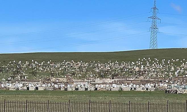 테를지 국립공원에서 울란바토르로 향하는 길에서 만나는 풍경들. 광고판, 이정표, 그리고 무덤들. 도로의 양들이 인사를 건네는 듯 길을 막아서며 쳐다본다.