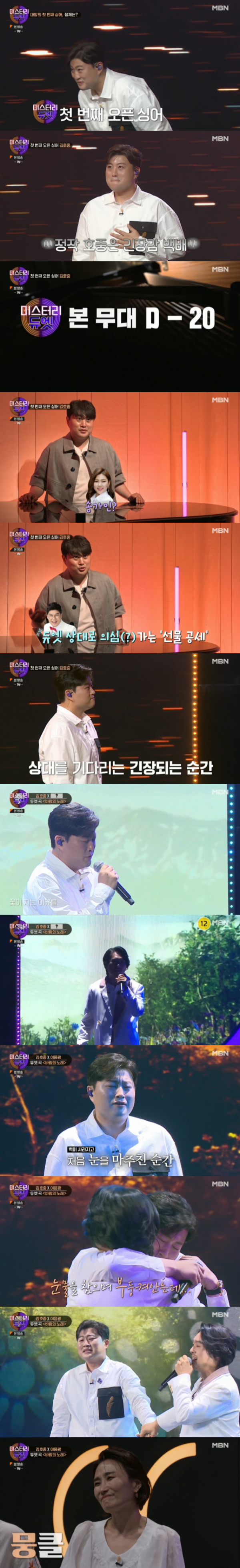 In MBN entertainment mystery duet broadcasted on the afternoon of the 8th, Kim Ho-joong was revealed to see tears when he saw Lee Eung-kwang, who was released as Mystery singer.Kim Ho-joong appeared as the first open singer on the day; Kim Ho-joong appeared nervous as he put his hand on his chest on stage.20 days ago Kim Ho-joong was expecting Song Gain and Koo Yoon-hyung to the question of Who do you expect Mystery Singer?Kim Ho-joong said, The word Duets shows great synergy.Kim Ho-joong sang the Duets song The Song of the Wind with great talent.Kim Ho-joong looked curious about who he was listening to Mystery Singers voice, and as soon as he saw Lee Eung-kwang, he showed tears.Lee Eung-kwang welcomed Kim Ho-joong with a warm smile, who struggled to hold down the North Korean emotions and continued the Duets.Since then, Kim Ho-joong and Lee Eung-kwang have been singing together and singing deeply.Kim Ho-joong said to Lee Eung-kwang, I wanted to see my brother while Jeonju was flowing.