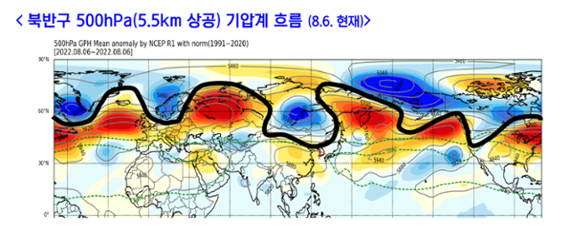 6일 북반구 5.5km 상공 기압계 흐름. 기상청 제공