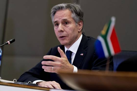 U.S. Secretary of State Antony Blinken speaks in a meeting in South Africa Monday. The U.S. Department of State and Treasury Department announced new sanctions on virtual currency mixer Tornado Cash Monday. [REUTERS/YONHAP]
