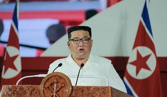 김정은 북한 노동당 총비서가 지난 7월 27일 '조국해방전쟁' 승리를 경축하는 '전승절' 69주년 기념행사에 참석해 연설하고 있다. 사진=평양 노동신문/뉴스1