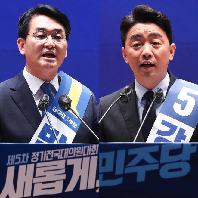박용진(왼쪽)·강훈식 더불어민주당 당 대표 후보가 지난달 28일 오후 서울 여의도 국회 의원회관에서 열린 당대표 및 최고위원 선출을 위한 예비경선대회에서 정견 발표를 하고 있다.(사진=뉴시스)