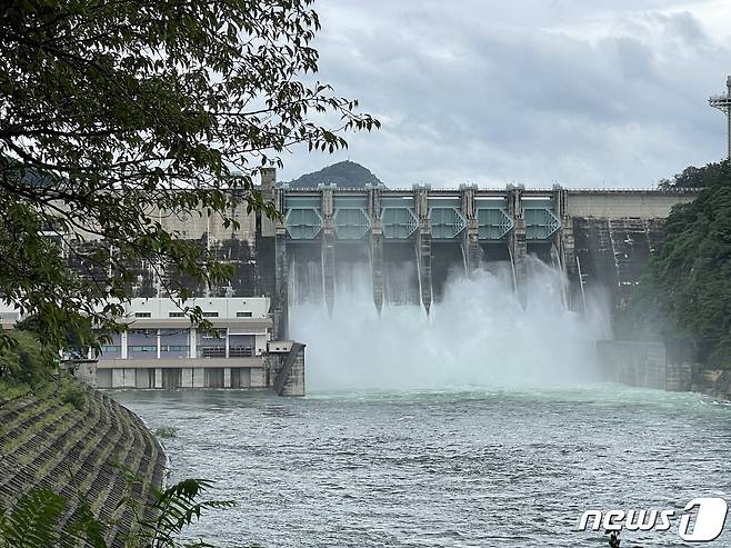 11일 충북지역 비가 소강상태를 보이는 가운데 충주댐 강우 유입량이 계속해 늘고 있다. 사진은 지난 9일 2년 만에 수문 6개를 개방한 충주댐.(자료사진)/ 뉴스1