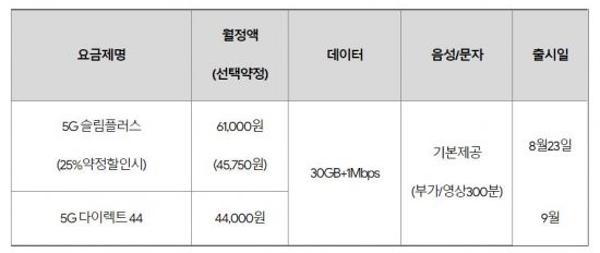 KT 중간요금제 상세. 표=KT