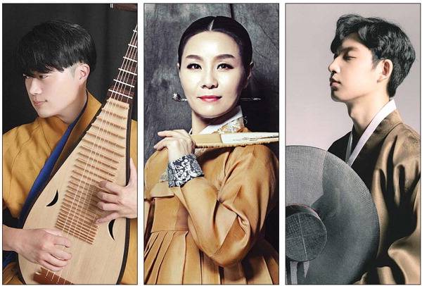 오는 19일 부산시립국악관현악단 특별연주회에 출연하는 비파 연주자 마롱(왼쪽부터), 소리꾼 박성희, 소리꾼 정윤형.  부산시립국악관현악단 제공