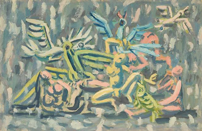 [서울=뉴시스] 이중섭, 가족과 첫눈, 1950년대 전반, 종이에 유채, 32×49.5cm. 국립현대미술관 이건희컬렉션. photo@newsis.com *재판매 및 DB 금지