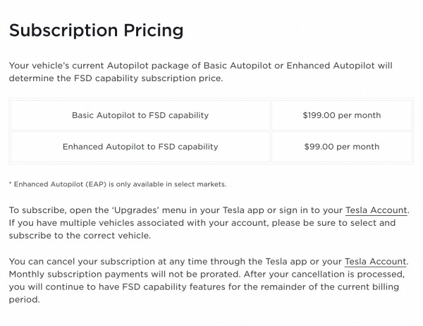 테슬라 북미 홈페이지에 게재된 FSD 구독 안내