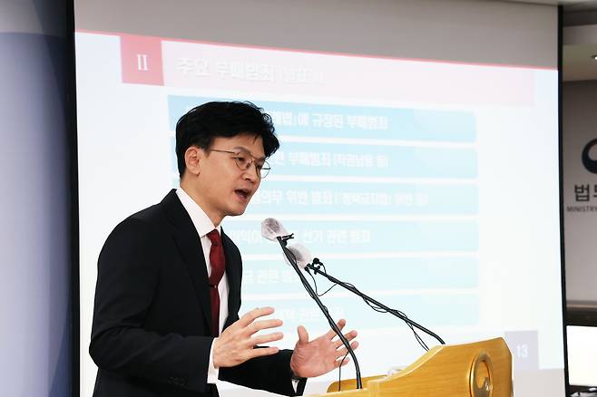한동훈 법무부 장관이 11일 경기 과천 법무부 청사에서 검사의 수사 개시 규정과 관련한 브리핑을 하고 있다. /연합뉴스
