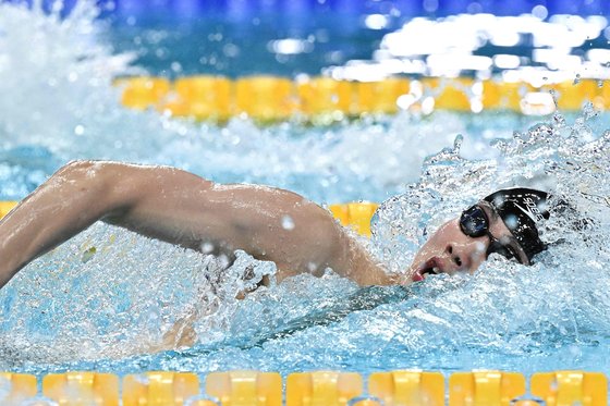 지난 6월 20일(한국시간) 2022 세계수영선수권 자유형 200m 준결선에서 물살을 가르는 황선우. AFP=연합뉴스