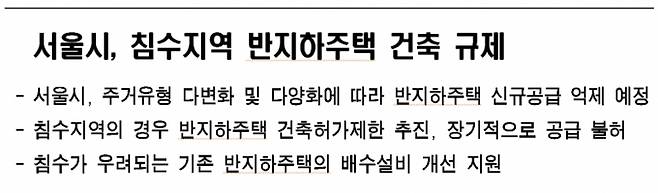 서울시가 2010년 침수 피해 이후 발표한 반지하주택 건축규제 방안. 당시에도 신규 건축규제를 제한하는 방안이 추진됐고 건축법도 개정됐으나 2012년 이후에도 시내에 약 4만호의 반지하주택이 공급된 것으로 알려졌다. /자료=서울시