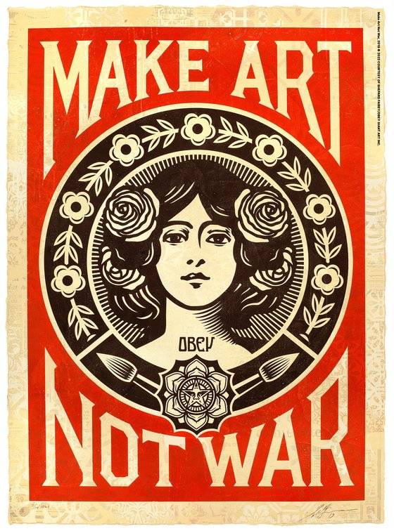 셰퍼드 페어리 작품 'Peace Girl', 2005. '전쟁 말고 평화를 만들라'라고 쓰여 있다. 사진 롯데뮤지엄]