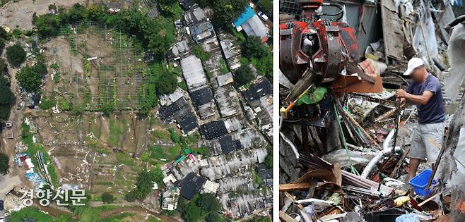 어디부터 손대야 하나 14일 서울 강남구 구룡마을 인근 농지에 폭우로 쓸려 온 토사가 쌓여 있다(왼쪽 사진). 지난 8일부터 시작된 폭우로 수해를 입은 서울 강남구 구룡마을 주민이 복구작업을 벌이고 있다. 권도현 기자