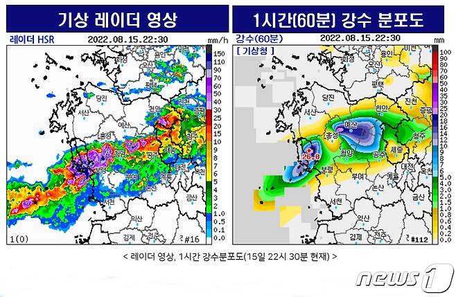 기상청은 15일 오후 10시30분 현재 충남 6개 시·군 및 세종에 호우주의보를 발령했다. (기상청 제공)