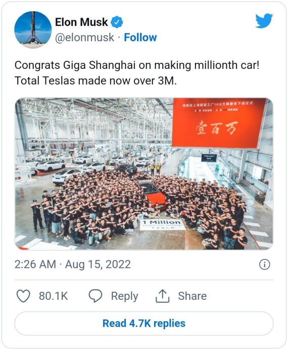 일론 머스크 테슬라 최고경영자(CEO)가 테슬라 전기차 300만대 생산을 자축하며 올린 트윗. 3년전 가동이 시작된 중국 상하이 공장은 100만대 생산을 돌파했다.(트위터 캡처)