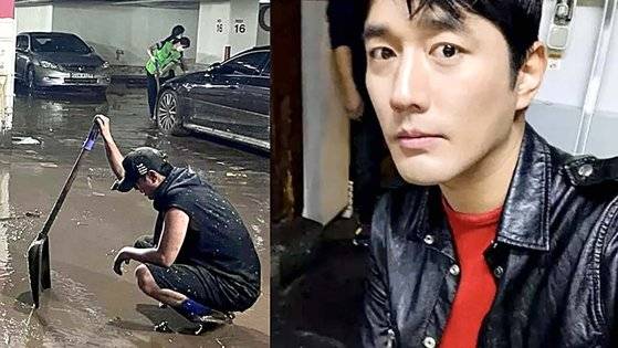 배우 조한선이 14일 수해복구 현장에서 포착됐다. 이기인 경기도의원 페이스북, 조한선 인스타그램