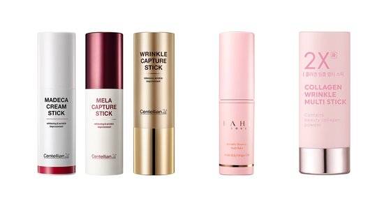 다양한 브랜드에서 출시되고 있는 스틱형 보습제. 왼쪽부터 센텔리안24 '마데카 크림 스틱''마데카 멜라 캡처 스틱''마데카 링클 캡처 스틱', 가히 '링클 바운스 멀티밤', 토니모리 '투엑스알 콜라겐 링클 멀티스틱.' [사진 각 업체]