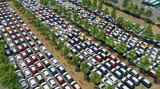 기아 수출용 신차들이 임시 주차되어 있다. 연합뉴스