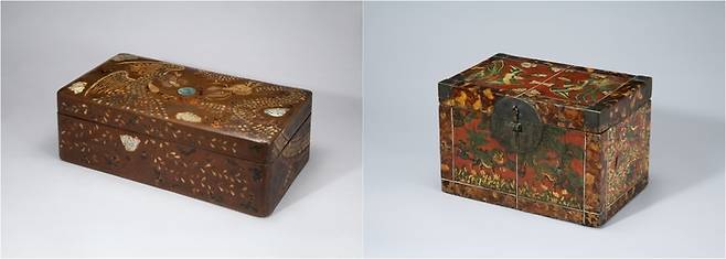 나전과 대모, 어피로 용과 봉황 무늬를 새겨 화려함을 자랑하는 ‘나전대모어피 용봉문 상자’(왼쪽)와 소뿔을 가공해 장식한 ‘화각 사령문 함’(19~20세기 초). 호림박물관 제공