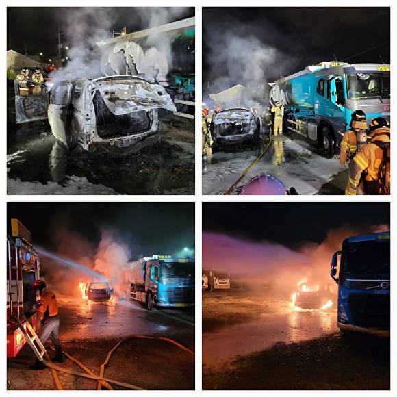 지난 15일 오후 9시4분쯤 부산광역시 강서구의 한 공터에 주차돼 있던 승합차에서 불이 나 소방대원들(사진)이 진화작업을 벌이고 있다. [사진=부산지방경찰청]