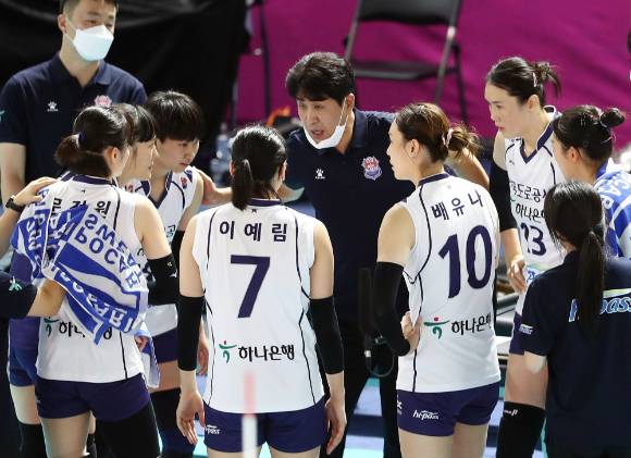 김종민 한국도로공사 감독이 지난 14일 열린 페퍼저축은행과 컵대회 조별리그 B조 첫 경기 도중 타임 아웃에 맞춰 선수들에게 작전 지시를 하고 있다. [사진=발리볼코리아닷컴]