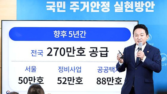원희룡 국토부 장관이 16일 정부서울청사에서 첫 공급대책을 발표하고 있다. 사진 국토부