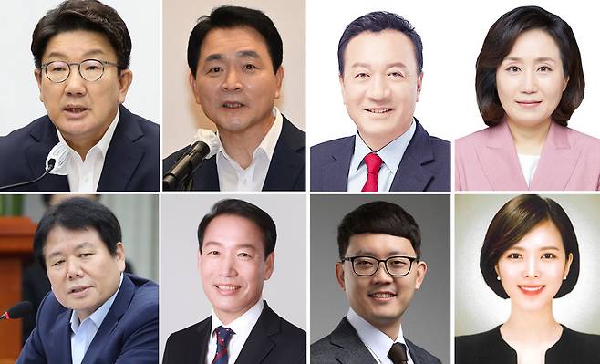 사진 위 왼쪽부터 권성동 원내대표, 성일종 정책위의장, 엄태영 의원, 전주혜 의원. 사진 아래 왼쪽부터 정양석 전 의원, 주기환 전 대통령직인 수위원회 정무사법행정분과 전문위원, 최재민 강원도의회 의원, 이소희 세종시의회 의원. / 사진=연합뉴스